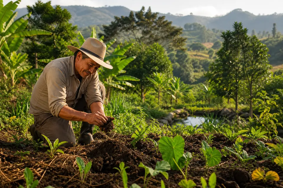 Agricultor colombiano trabajando en un campo productivo y regenerativo